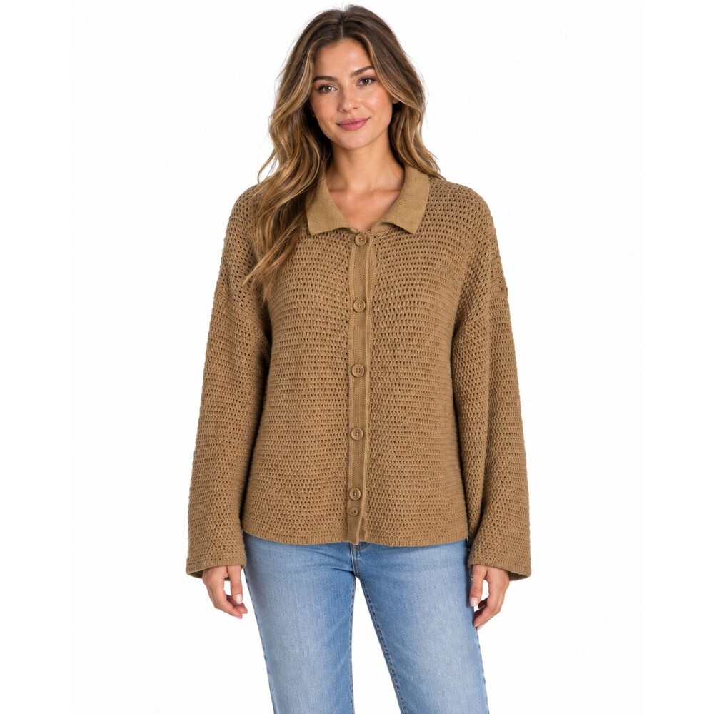 Halogen Women's Open Knit Cardigan Sz Medium Tan Polo Collar Preppy Long Sleeves